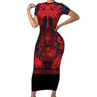 Custom New Zealand Taiaha Maori Family Matching Short Sleeve Bodycon Dress and Hawaiian Shirt Whero Minimalist Silver Fern Tukutuku Motif