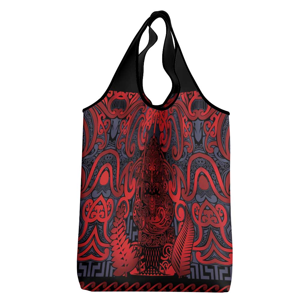 New Zealand Taiaha Maori Grocery Bag Whero Minimalist Silver Fern Tukutuku Motif