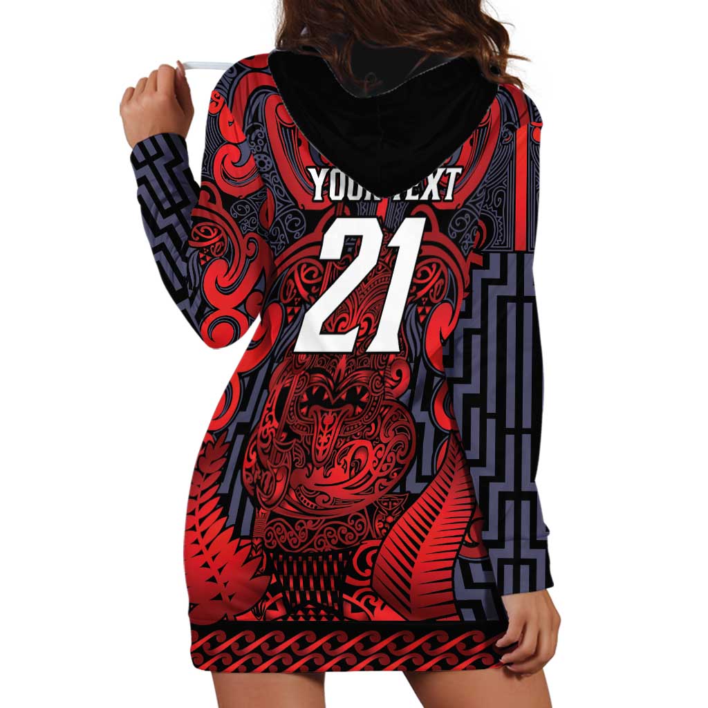 Custom New Zealand Taiaha Maori Hoodie Dress Whero Minimalist Silver Fern Tukutuku Motif