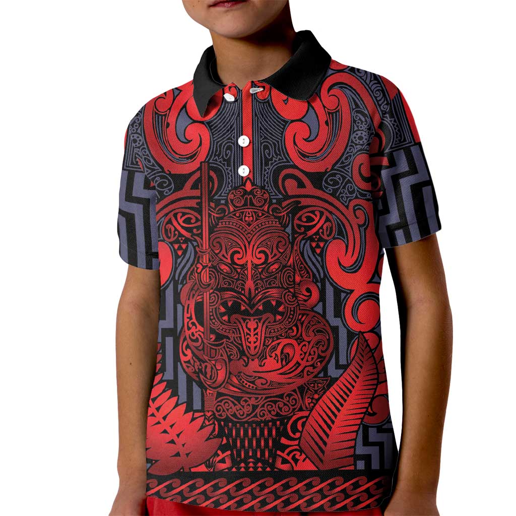 Custom New Zealand Taiaha Maori Kid Polo Shirt Whero Minimalist Silver Fern Tukutuku Motif
