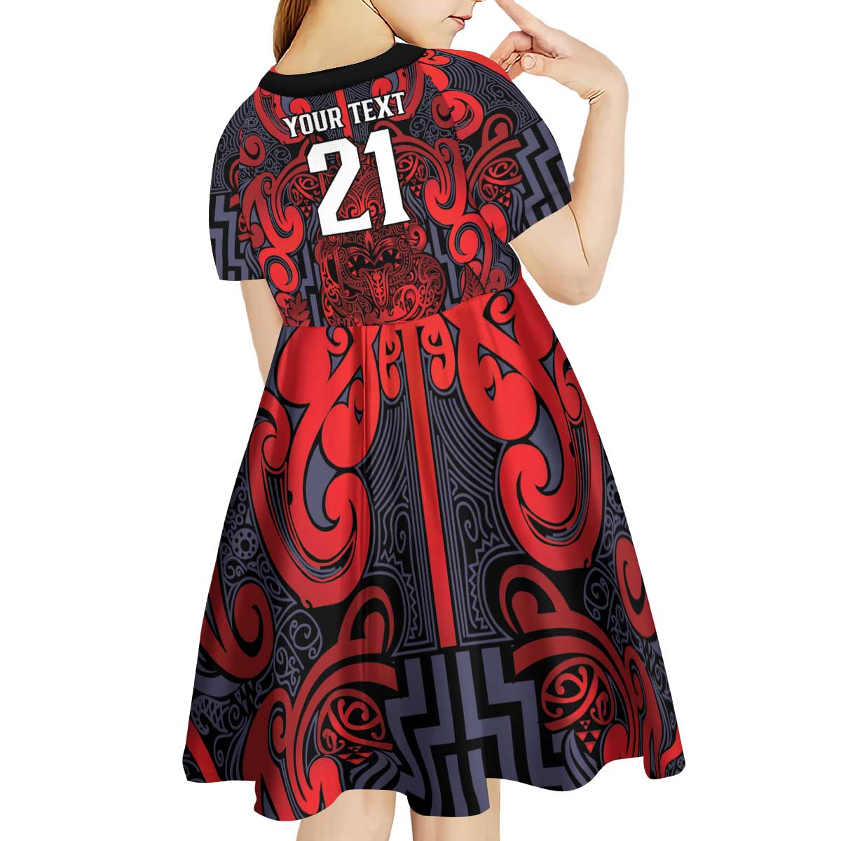 Custom New Zealand Taiaha Maori Kid Short Sleeve Dress Whero Minimalist Silver Fern Tukutuku Motif