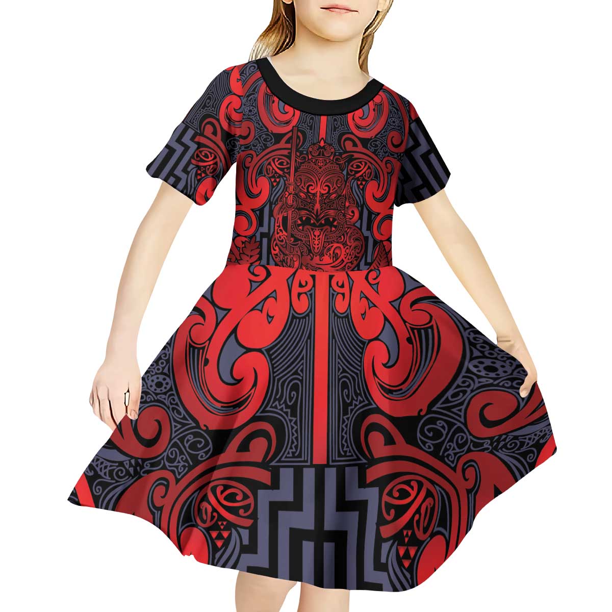 Custom New Zealand Taiaha Maori Kid Short Sleeve Dress Whero Minimalist Silver Fern Tukutuku Motif