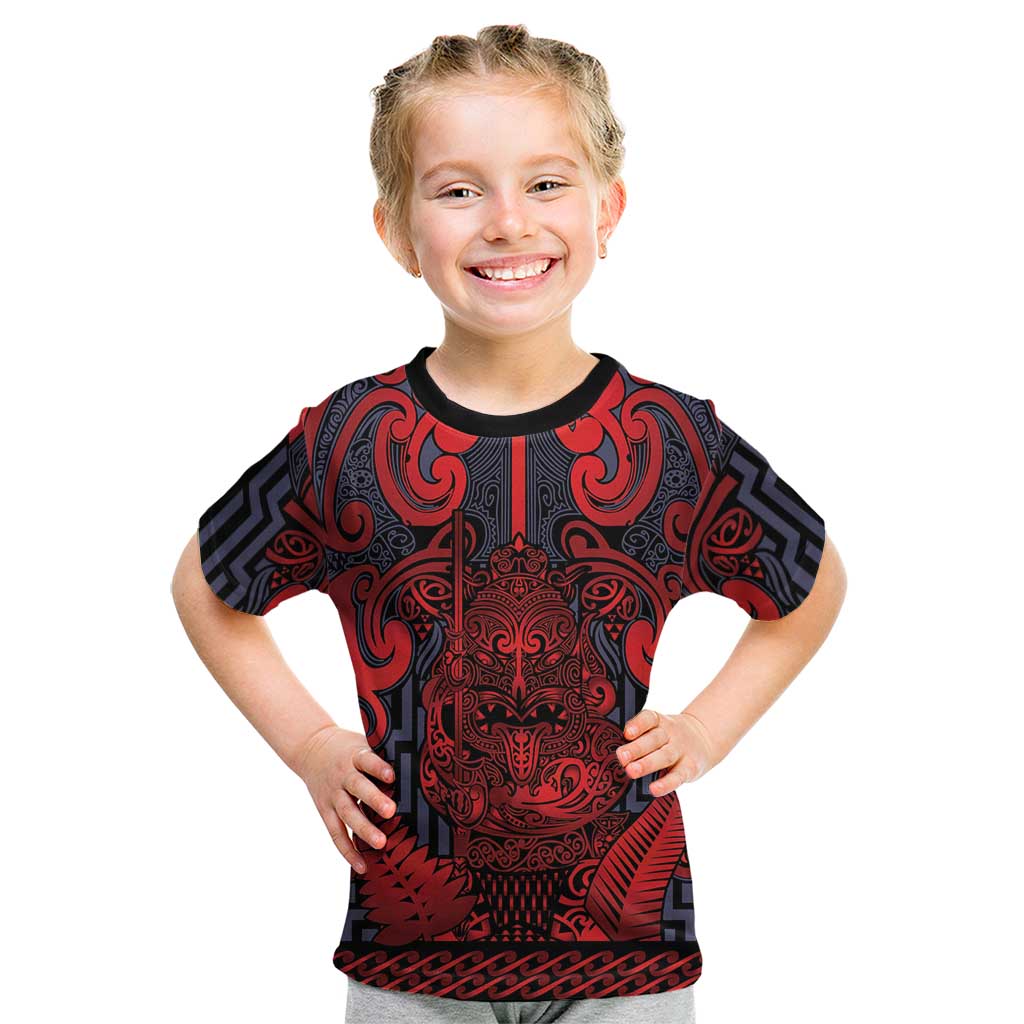 Custom New Zealand Taiaha Maori Kid T Shirt Whero Minimalist Silver Fern Tukutuku Motif