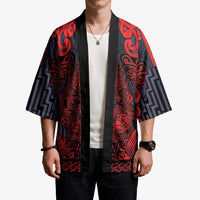 Custom New Zealand Taiaha Maori Kimono Whero Minimalist Silver Fern Tukutuku Motif