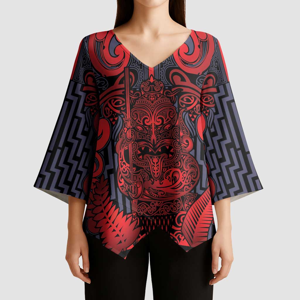 Custom New Zealand Taiaha Maori Kimono Sleeve Blouse Whero Minimalist Silver Fern Tukutuku Motif