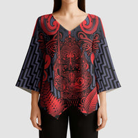 Custom New Zealand Taiaha Maori Kimono Sleeve Blouse Whero Minimalist Silver Fern Tukutuku Motif
