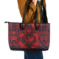 New Zealand Taiaha Maori Leather Tote Bag Whero Minimalist Silver Fern Tukutuku Motif