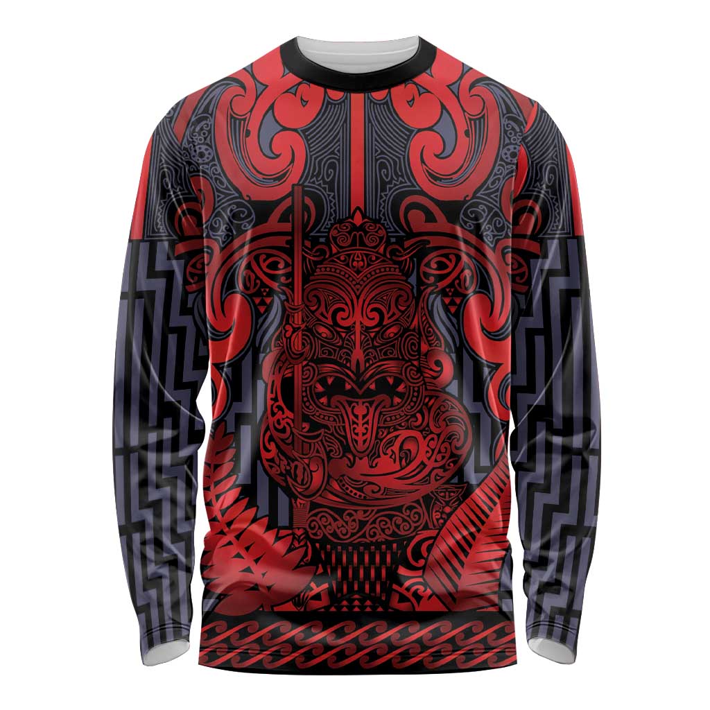 Custom New Zealand Taiaha Maori Long Sleeve Shirt Whero Minimalist Silver Fern Tukutuku Motif