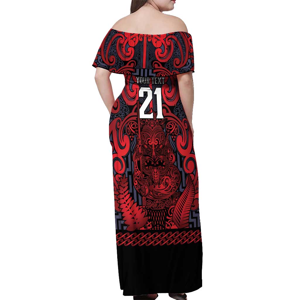 Custom New Zealand Taiaha Maori Off Shoulder Maxi Dress Whero Minimalist Silver Fern Tukutuku Motif LT9 - Polynesian Pride