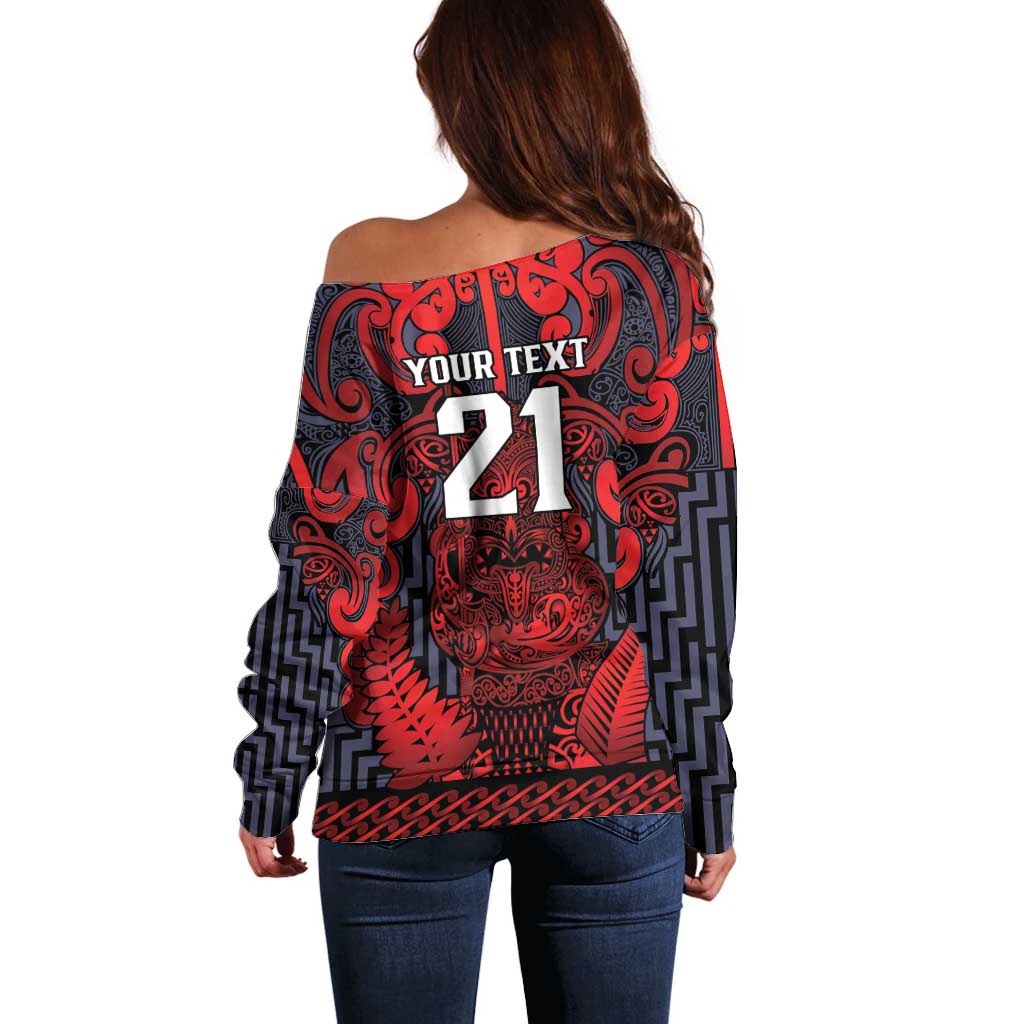Custom New Zealand Taiaha Maori Off Shoulder Sweater Whero Minimalist Silver Fern Tukutuku Motif LT9 - Polynesian Pride