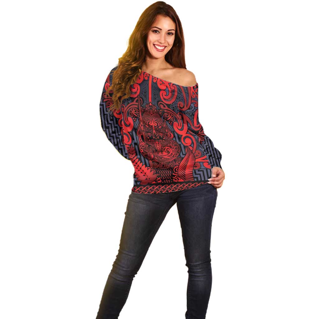 Custom New Zealand Taiaha Maori Off Shoulder Sweater Whero Minimalist Silver Fern Tukutuku Motif LT9 - Polynesian Pride