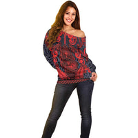 Custom New Zealand Taiaha Maori Off Shoulder Sweater Whero Minimalist Silver Fern Tukutuku Motif LT9 - Polynesian Pride