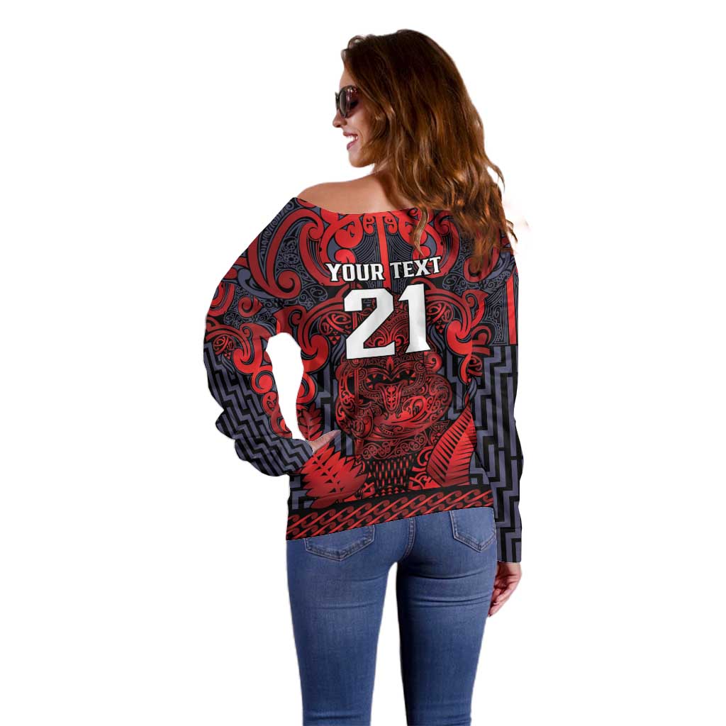 Custom New Zealand Taiaha Maori Off Shoulder Sweater Whero Minimalist Silver Fern Tukutuku Motif LT9 - Polynesian Pride
