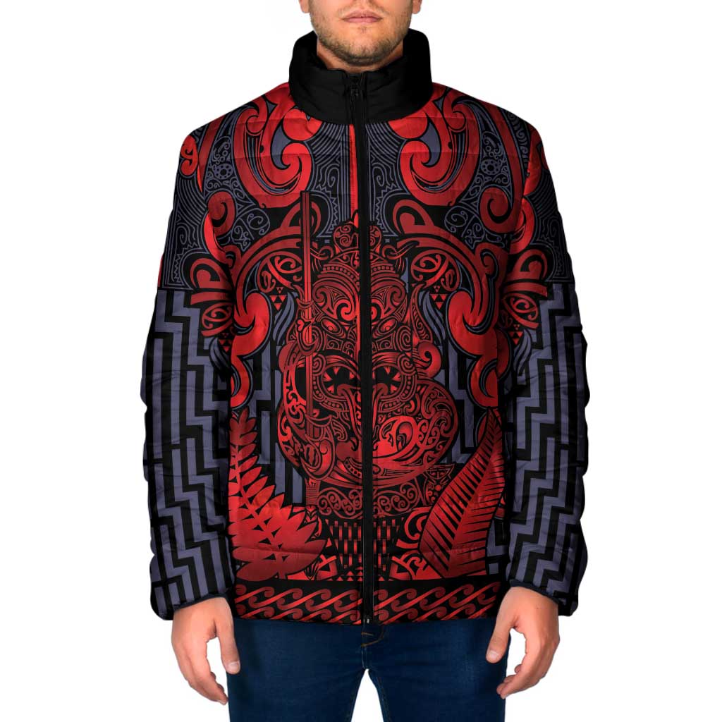 Custom New Zealand Taiaha Maori Padded Jacket Whero Minimalist Silver Fern Tukutuku Motif