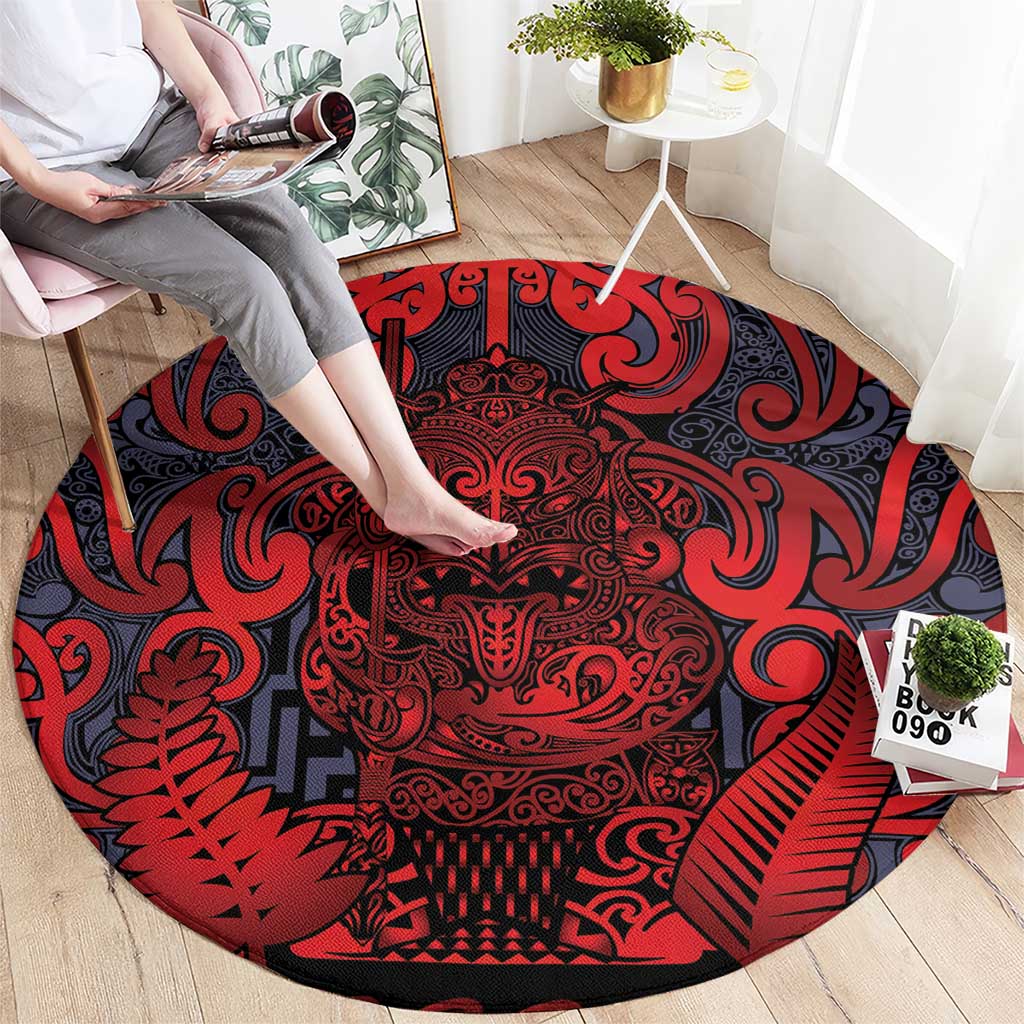 New Zealand Taiaha Maori Round Carpet Whero Minimalist Silver Fern Tukutuku Motif