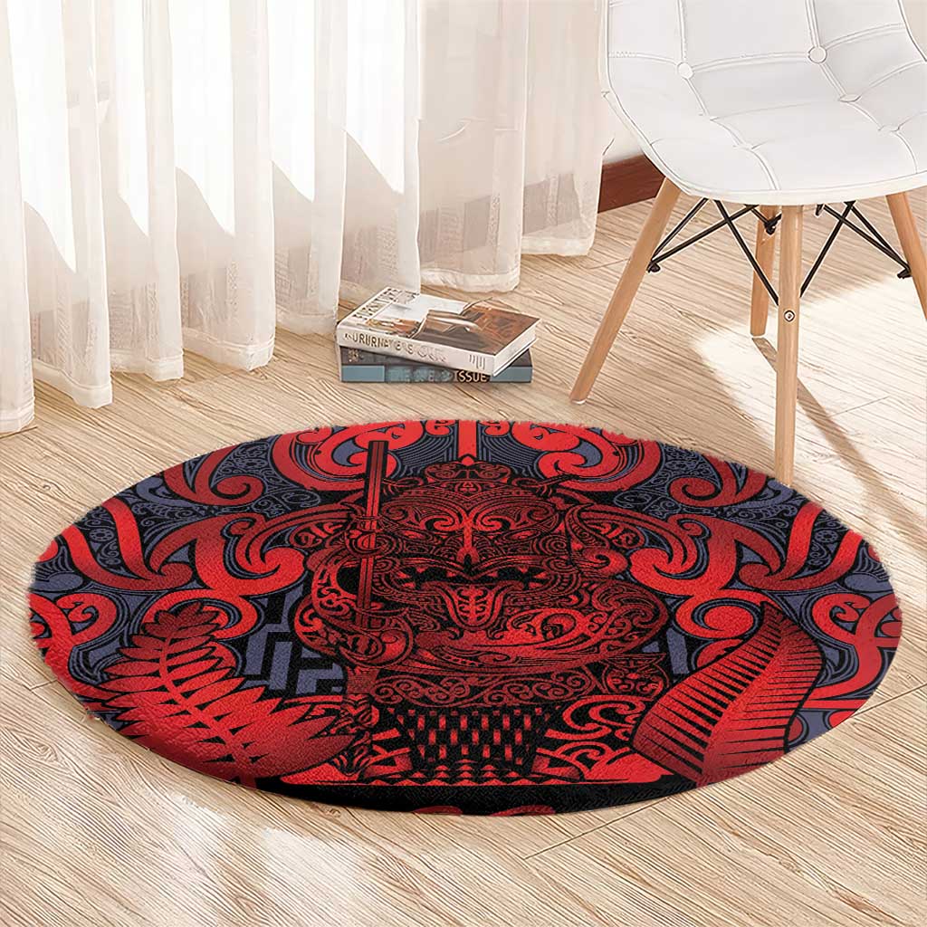 New Zealand Taiaha Maori Round Carpet Whero Minimalist Silver Fern Tukutuku Motif