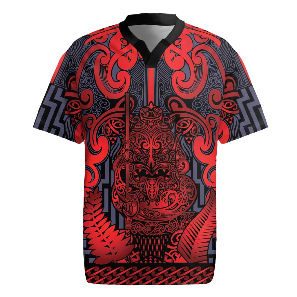 Custom New Zealand Taiaha Maori Rugby Jersey Whero Minimalist Silver Fern Tukutuku Motif