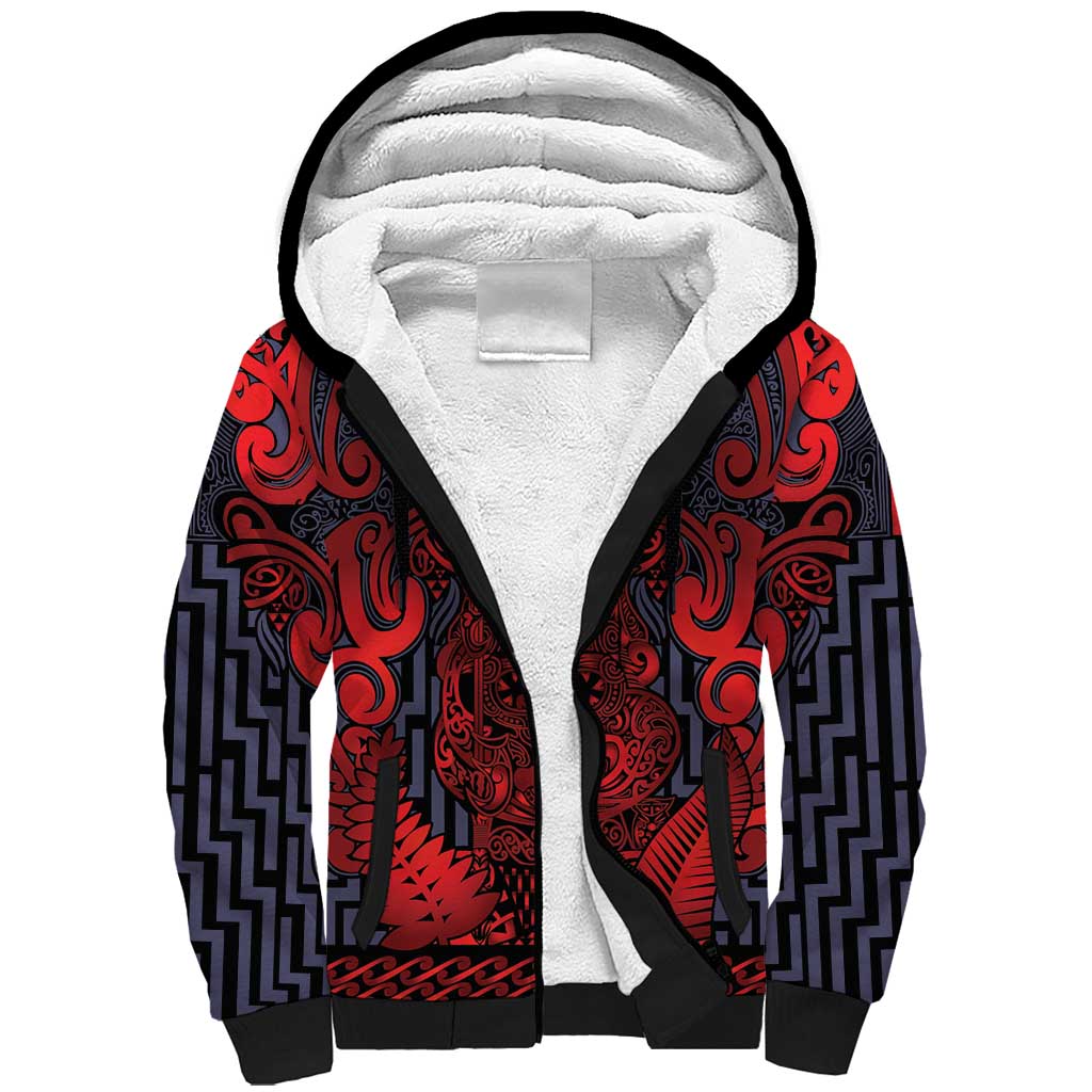 Custom New Zealand Taiaha Maori Sherpa Hoodie Whero Minimalist Silver Fern Tukutuku Motif