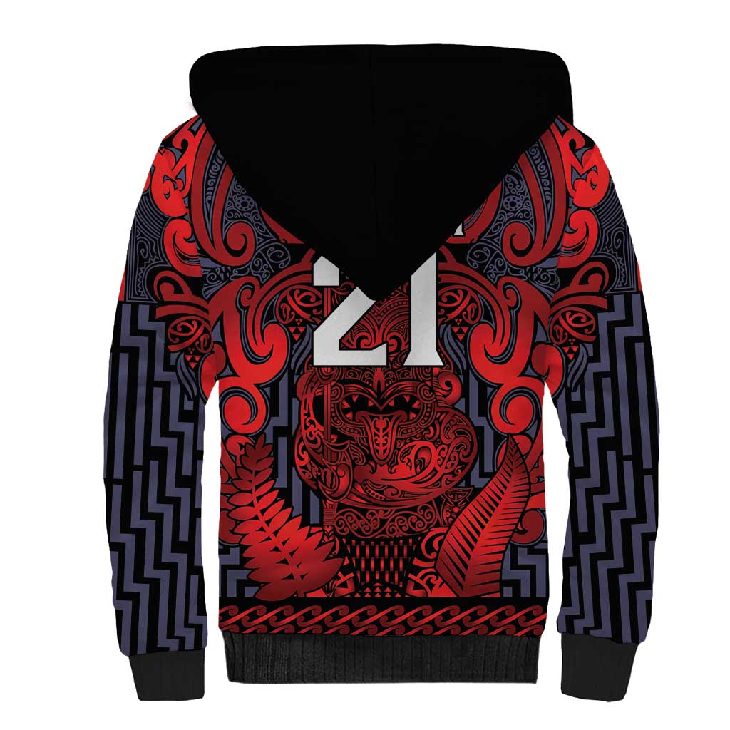 Custom New Zealand Taiaha Maori Sherpa Hoodie Whero Minimalist Silver Fern Tukutuku Motif