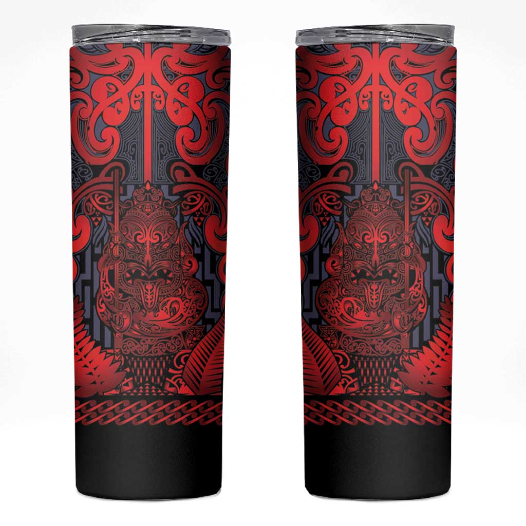 Custom New Zealand Taiaha Maori Skinny Tumbler Whero Minimalist Silver Fern Tukutuku Motif LT9 Red - Polynesian Pride