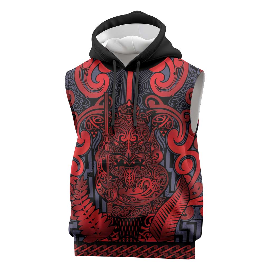 Custom New Zealand Taiaha Maori Sleeveless Hoodie Whero Minimalist Silver Fern Tukutuku Motif LT9 Red - Polynesian Pride