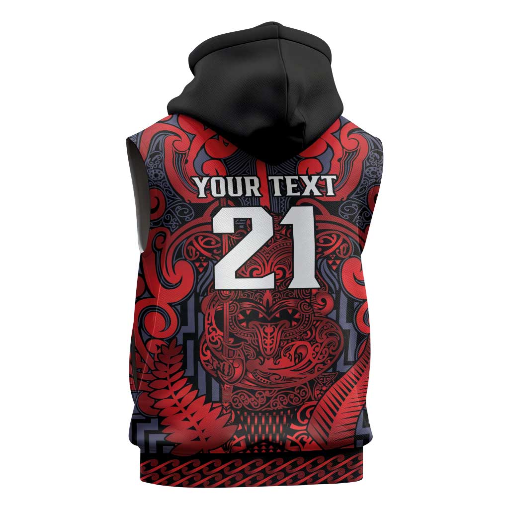Custom New Zealand Taiaha Maori Sleeveless Hoodie Whero Minimalist Silver Fern Tukutuku Motif LT9 - Polynesian Pride