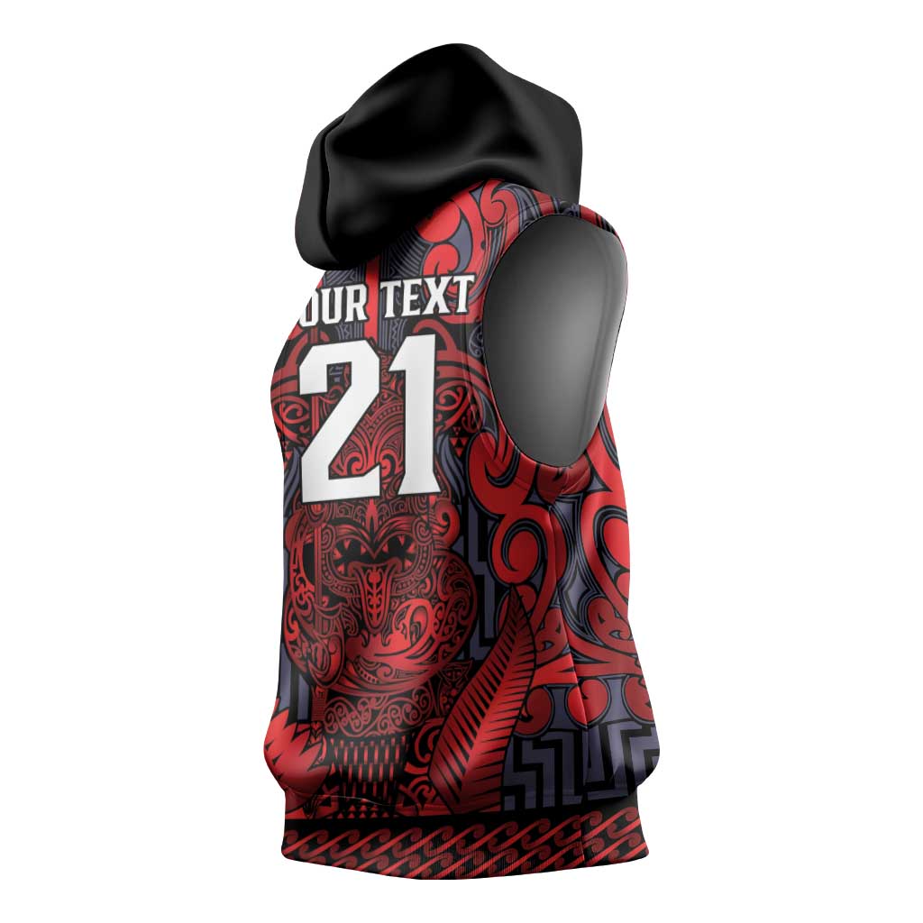 Custom New Zealand Taiaha Maori Sleeveless Hoodie Whero Minimalist Silver Fern Tukutuku Motif LT9 - Polynesian Pride