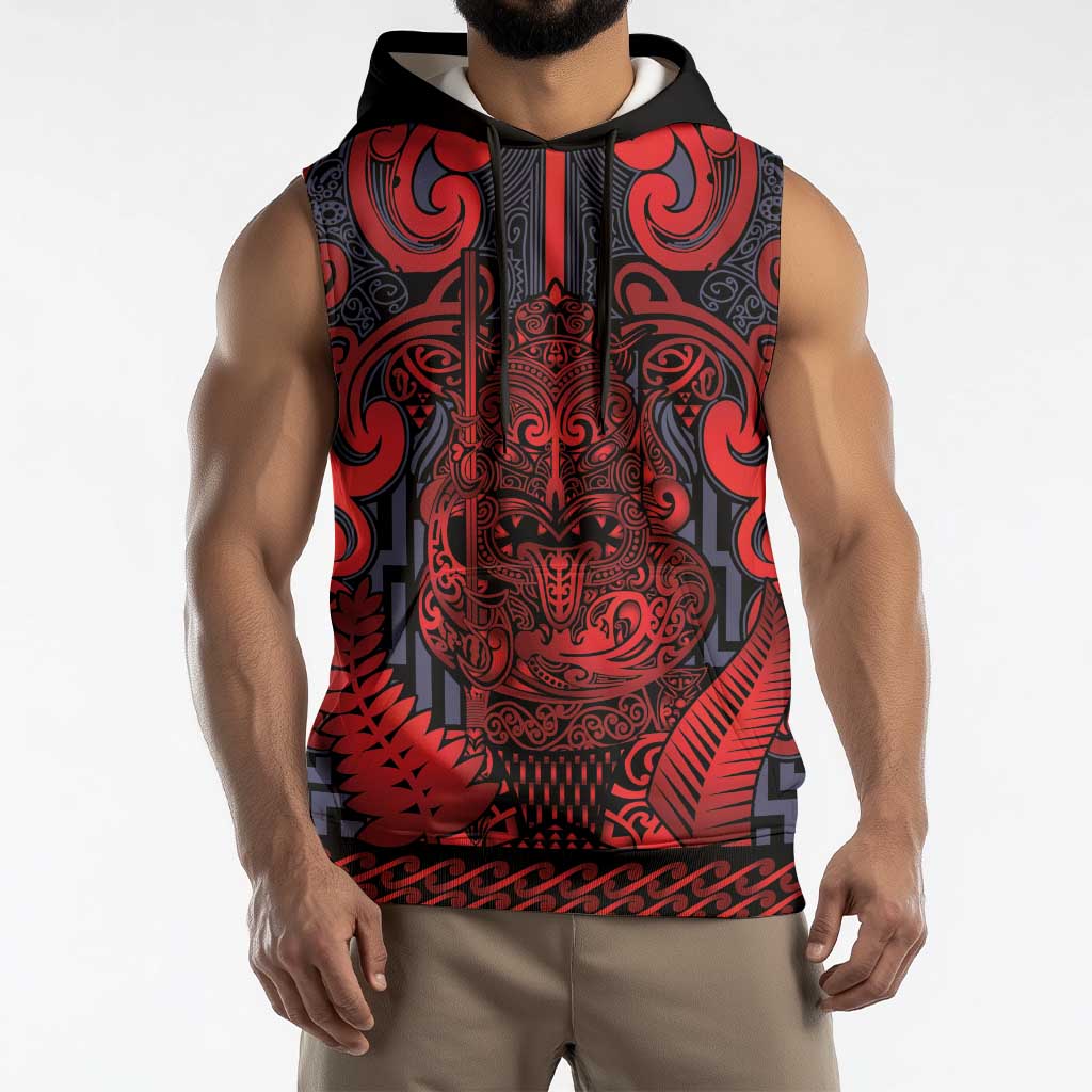 Custom New Zealand Taiaha Maori Sleeveless Hoodie Whero Minimalist Silver Fern Tukutuku Motif LT9 - Polynesian Pride