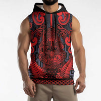 Custom New Zealand Taiaha Maori Sleeveless Hoodie Whero Minimalist Silver Fern Tukutuku Motif LT9 - Polynesian Pride