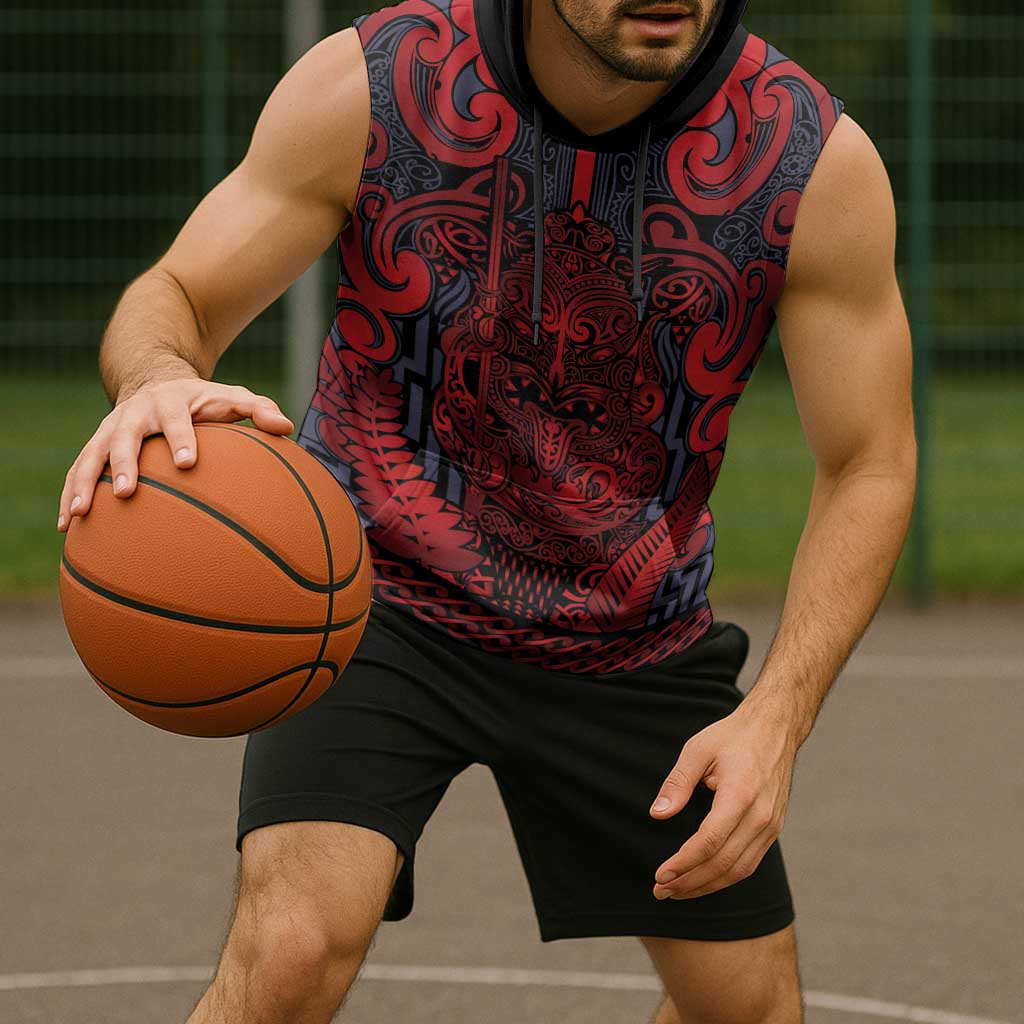 Custom New Zealand Taiaha Maori Sleeveless Hoodie Whero Minimalist Silver Fern Tukutuku Motif LT9 - Polynesian Pride
