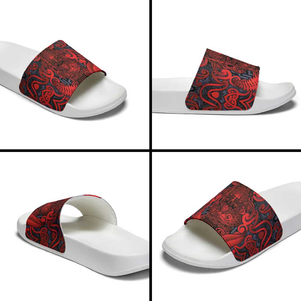 New Zealand Taiaha Maori Slide Sandals Whero Minimalist Silver Fern Tukutuku Motif