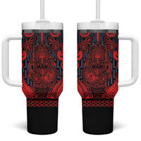Custom New Zealand Taiaha Maori Tumbler With Handle Whero Minimalist Silver Fern Tukutuku Motif