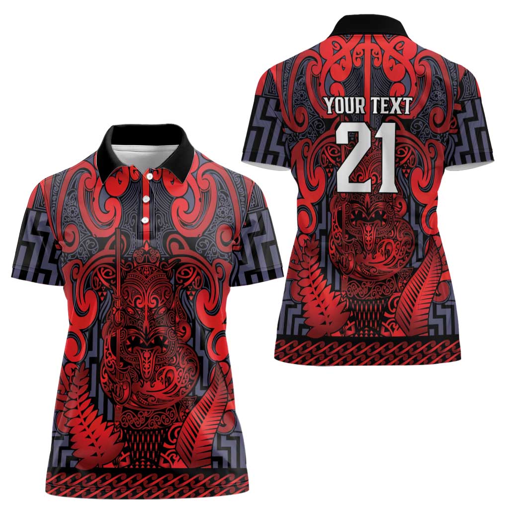 Custom New Zealand Taiaha Maori Women Polo Shirt Whero Minimalist Silver Fern Tukutuku Motif