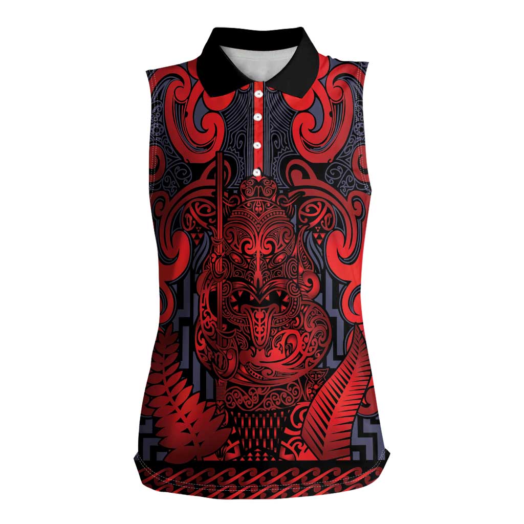 Custom New Zealand Taiaha Maori Women Sleeveless Polo Shirt Whero Minimalist Silver Fern Tukutuku Motif LT9 Female Red - Polynesian Pride