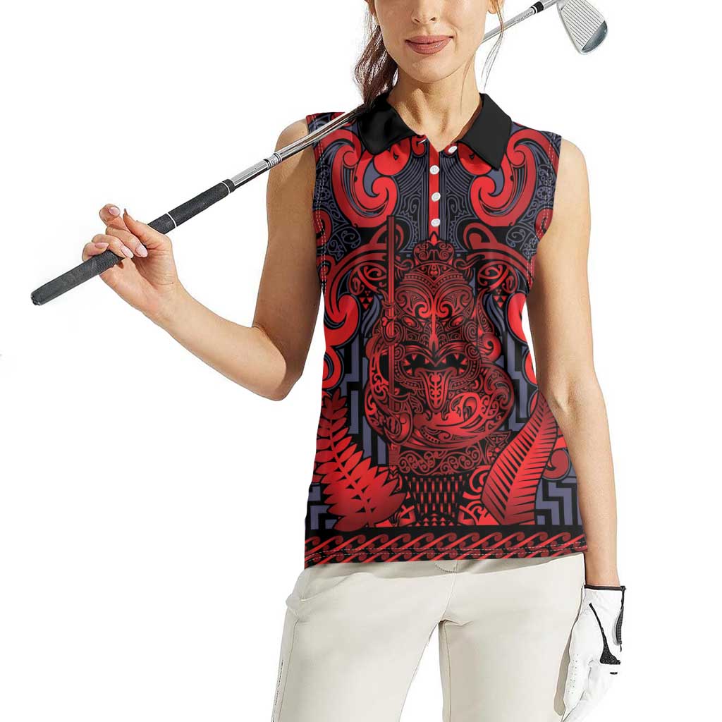 Custom New Zealand Taiaha Maori Women Sleeveless Polo Shirt Whero Minimalist Silver Fern Tukutuku Motif LT9 - Polynesian Pride