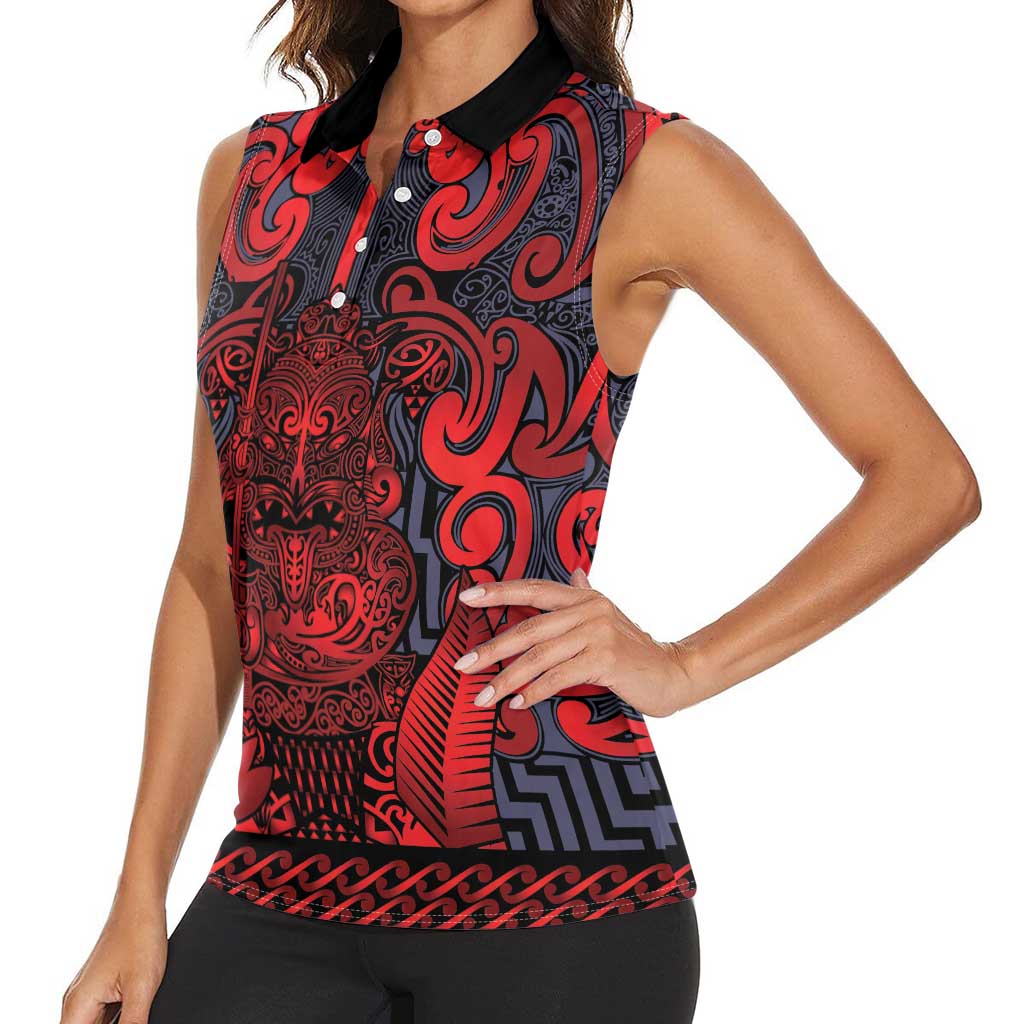 Custom New Zealand Taiaha Maori Women Sleeveless Polo Shirt Whero Minimalist Silver Fern Tukutuku Motif LT9 - Polynesian Pride