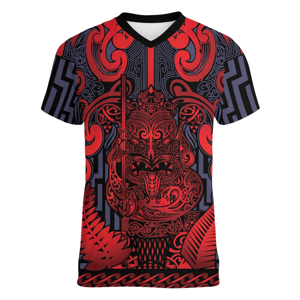 Custom New Zealand Taiaha Maori Women V-Neck T-Shirt Whero Minimalist Silver Fern Tukutuku Motif LT9 Female Red - Polynesian Pride