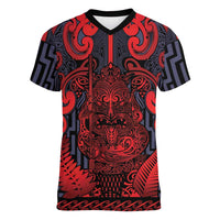 Custom New Zealand Taiaha Maori Women V-Neck T-Shirt Whero Minimalist Silver Fern Tukutuku Motif LT9 Female Red - Polynesian Pride