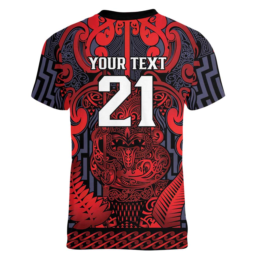 Custom New Zealand Taiaha Maori Women V-Neck T-Shirt Whero Minimalist Silver Fern Tukutuku Motif LT9 - Polynesian Pride