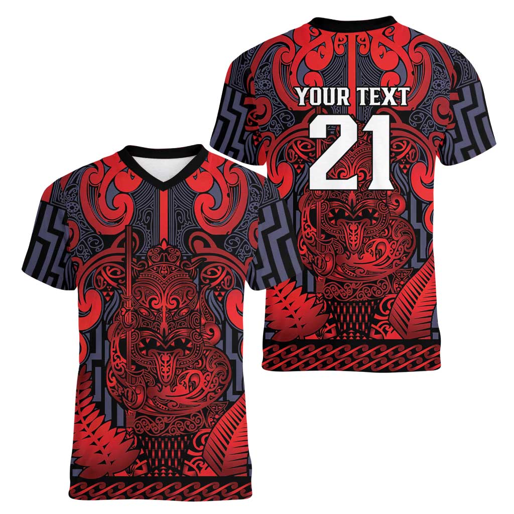 Custom New Zealand Taiaha Maori Women V-Neck T-Shirt Whero Minimalist Silver Fern Tukutuku Motif LT9 - Polynesian Pride