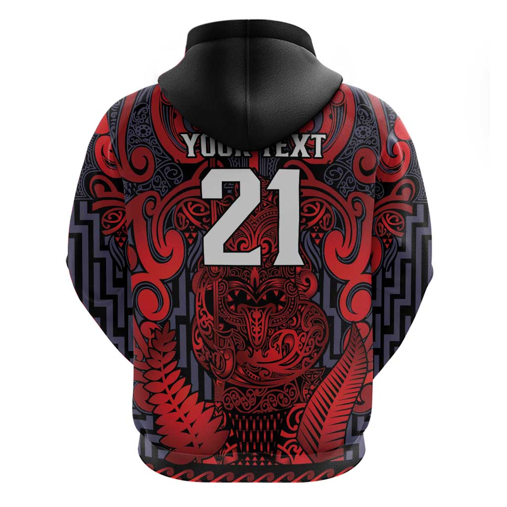 Custom New Zealand Taiaha Maori Zip Hoodie Whero Minimalist Silver Fern Tukutuku Motif