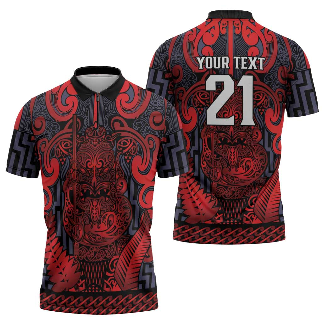 Custom New Zealand Taiaha Maori Zipper Polo Shirt Whero Minimalist Silver Fern Tukutuku Motif