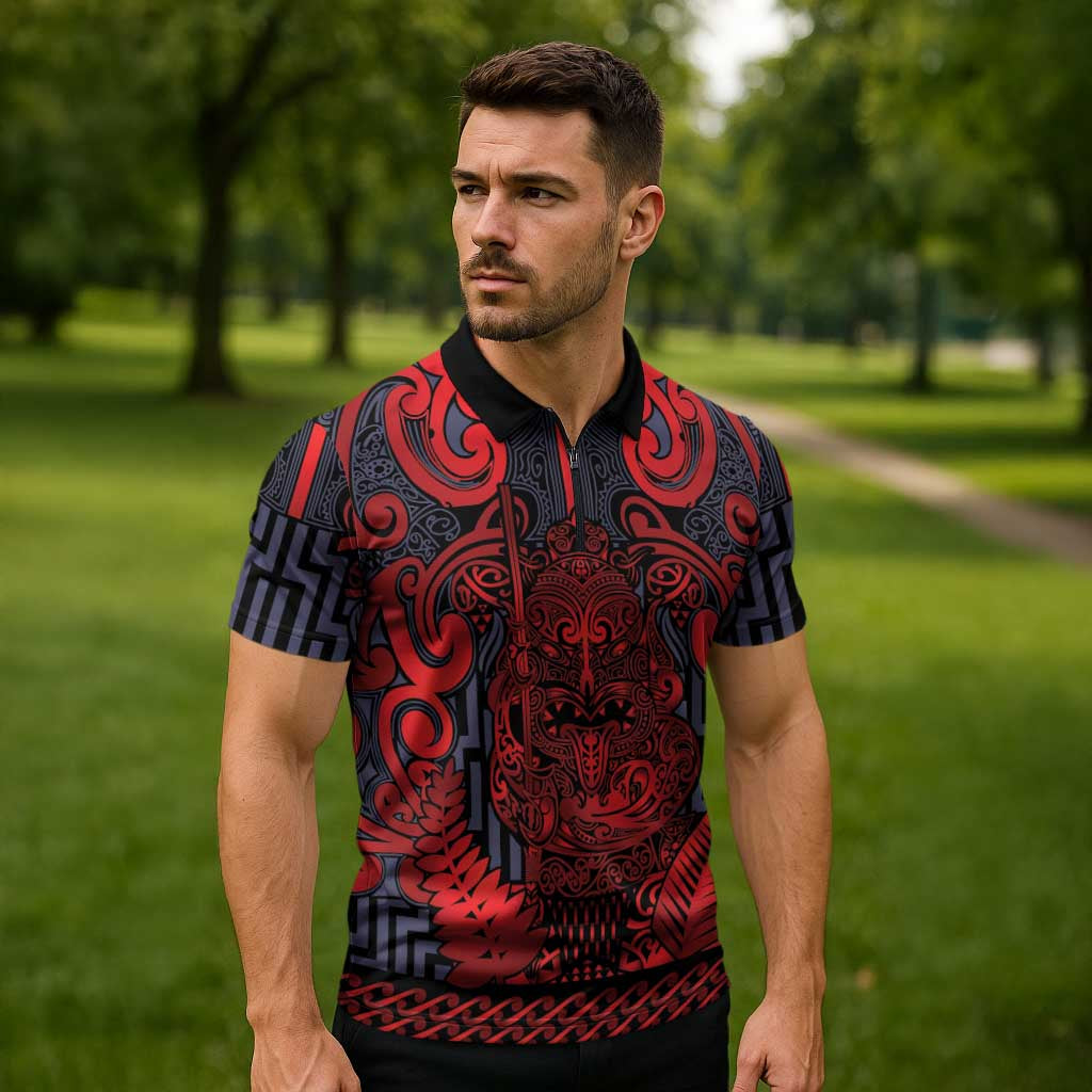 Custom New Zealand Taiaha Maori Zipper Polo Shirt Whero Minimalist Silver Fern Tukutuku Motif