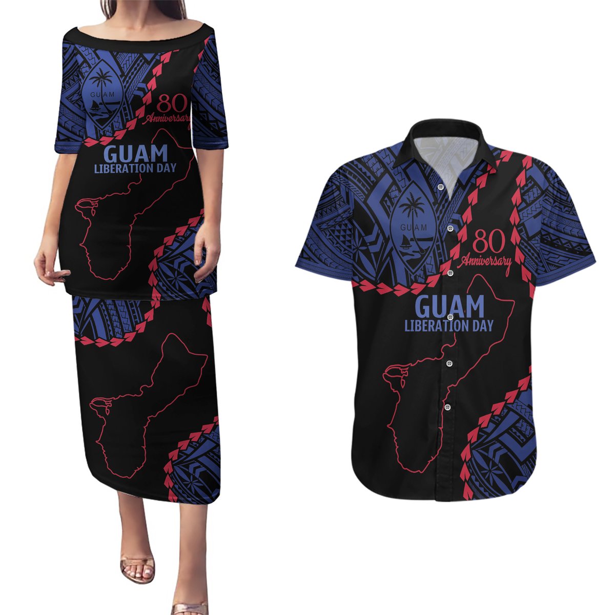 Personalized Guam 80th Anniversary Liberation Day Couples Matching Puletasi and Hawaiian Shirt Guahan Basic Seal LT9 Black - Polynesian Pride