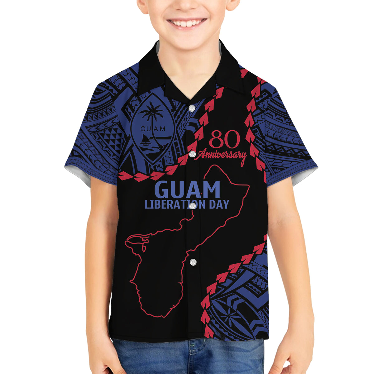 Personalized Guam 80th Anniversary Liberation Day Family Matching Off The Shoulder Long Sleeve Dress and Hawaiian Shirt Guahan Basic Seal