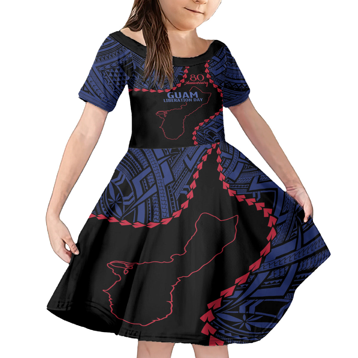 Personalized Guam 80th Anniversary Liberation Day Family Matching Tank Maxi Dress and Hawaiian Shirt Guahan Basic Seal LT9 Daughter's Dress Black - Polynesian Pride