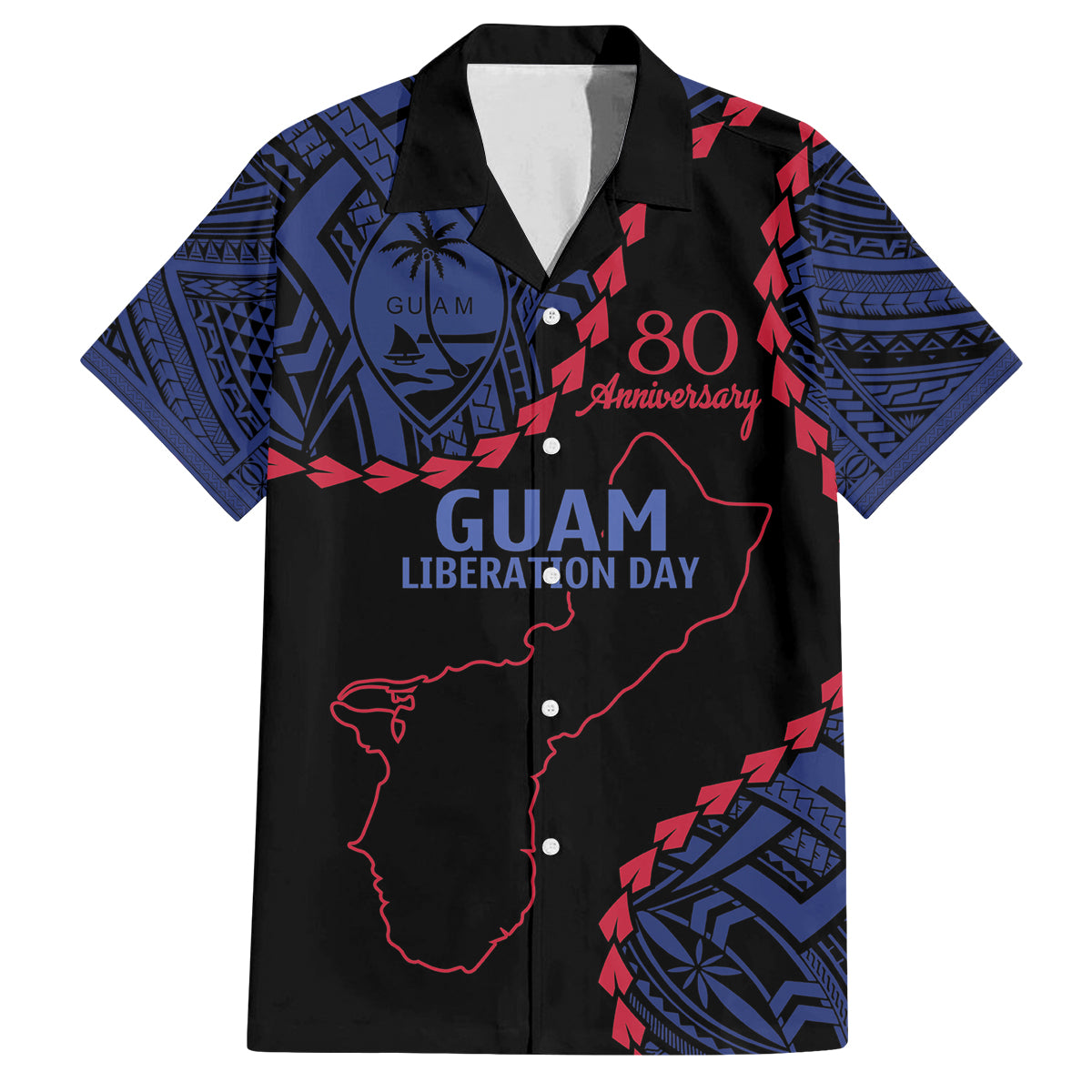Personalized Guam 80th Anniversary Liberation Day Family Matching Tank Maxi Dress and Hawaiian Shirt Guahan Basic Seal LT9 Dad's Shirt - Short Sleeve Black - Polynesian Pride