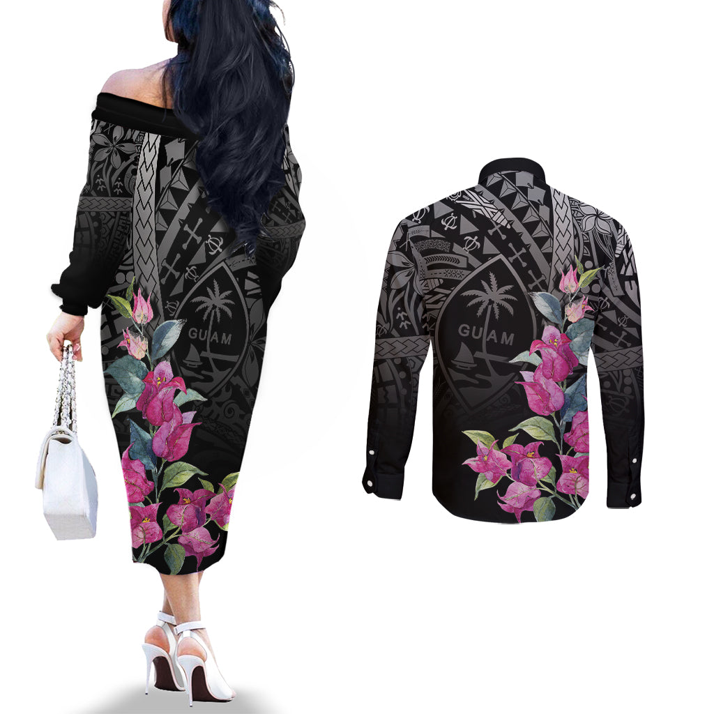 Guahan Puti Tai Nobiu Couples Matching Off The Shoulder Long Sleeve Dress and Long Sleeve Button Shirt Guam Bougainvillea Flower Art