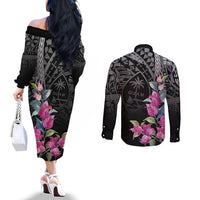 Guahan Puti Tai Nobiu Couples Matching Off The Shoulder Long Sleeve Dress and Long Sleeve Button Shirt Guam Bougainvillea Flower Art