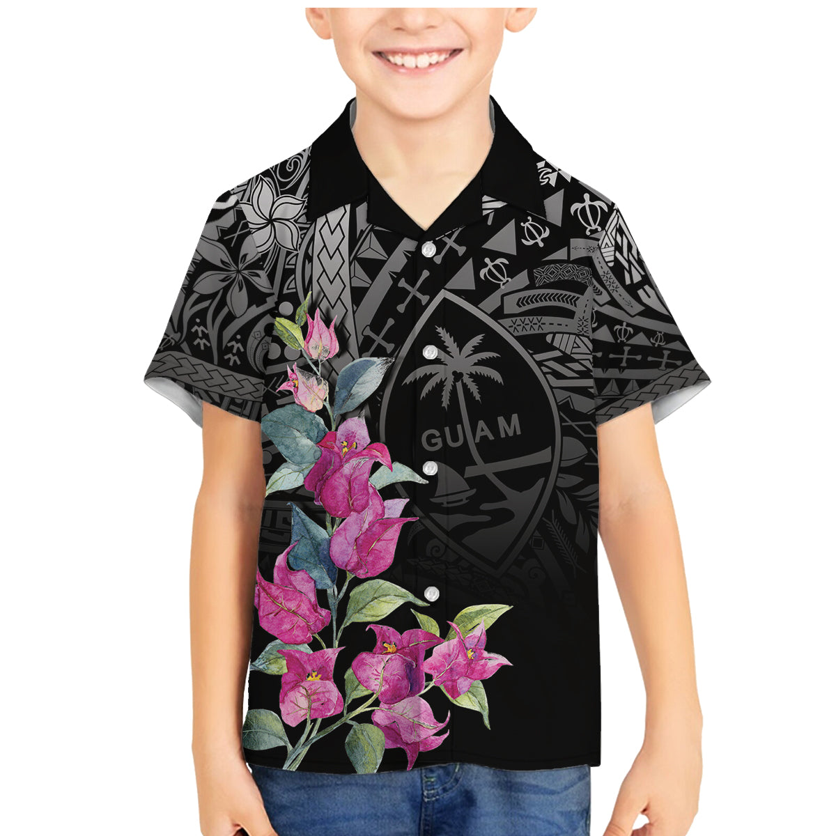 Guahan Puti Tai Nobiu Family Matching Mermaid Dress and Hawaiian Shirt Guam Bougainvillea Flower Art